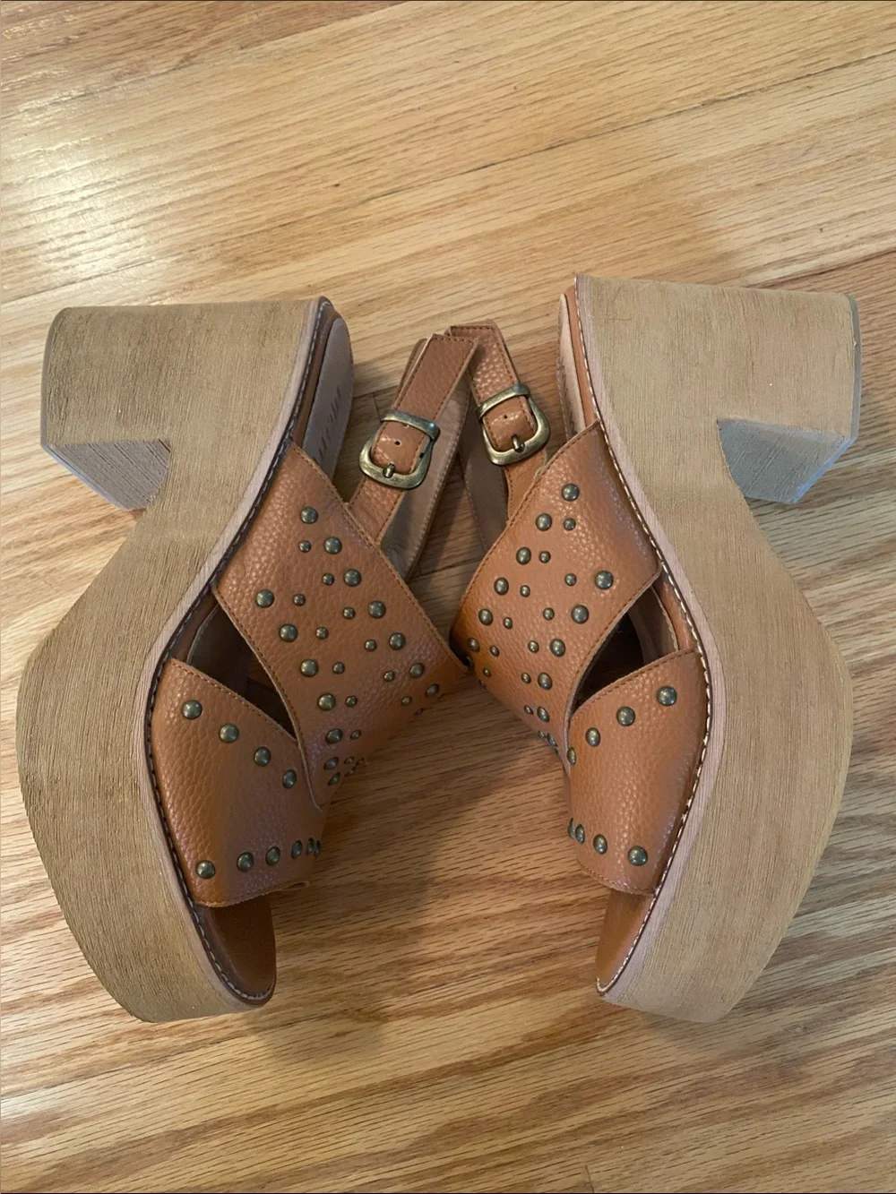 Tan Studded Leather Platform Slingback Sandals